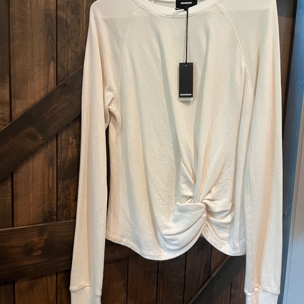 Monrow Asymmetrical Cream Tie Front Blouse